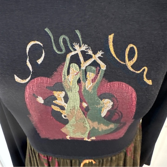 Molly Malloy petite Black and Multicolor Long Sleeve dancing lady Dress Sz 4P - Picture 2 of 15